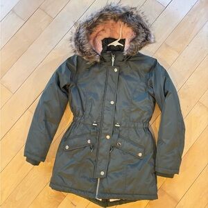 Girls Green Parka with Faux Fur Hood